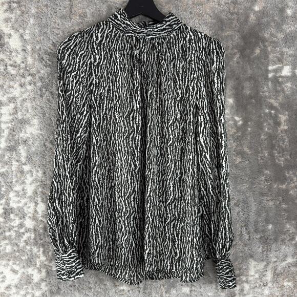 H&M Size M Zebra Print Casual Top White Black Long Sleeve Keyhole Button - Picture 1 of 8